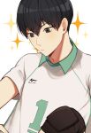  1boy bangs bari_dal black_hair blue_eyes cosplay eyebrows haikyuu!! highres jersey kageyama_tobio knee_pads knee_up male_focus oikawa_tooru_(haikyuu!!) oikawa_tooru_(haikyuu!!)_(cosplay) short_hair short_sleeves solo sparkle_background sparkling_eyes sportswear upper_body volleyball_uniform 