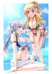  2girls :d :o arm_belt bangs bare_shoulders barefoot bikini blonde_hair blue_eyes blue_sky breasts brown_collar cleavage clothes_lift cloud collar collarbone commentary_request day earrings epaulettes eyebrows_visible_through_hair frilled_skirt frilled_sleeves frills full_body green_bikini groin hair_between_eyes hair_bun hair_intakes hair_ribbon hands_on_own_knees high_ponytail highres jewelry knees_together_feet_apart large_breasts leaning_forward long_hair looking_at_viewer magia_record:_mahou_shoujo_madoka_magica_gaiden mahou_shoujo_madoka_magica midriff multiple_girls navel necklace open_mouth ponytail red_eyes ribbon sarong sarong_lift satom shirt showgirl_skirt sidelocks silver_hair sitting skirt sky smile standing striped striped_bikini sunlight swimsuit tied_shirt togame_momoko white_background white_shirt white_skirt wristband yakumo_mitama yokozuwari 