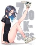  1girl adidas artist_name black_hair blue_eyes dated from_side full_body glasses highres kivo kson leg_up looking_at_viewer milestone_celebration purple_eyes real_life shirt shoes signature sitting smile sneakers solo t-shirt 