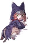  1girl :3 animal_ears animal_hood bare_legs barefoot bow_(bhp) cat_ears cat_hood cat_tail colored_sclera felyne from_behind full_body furry green_eyes hood hood_up long_sleeves looking_at_viewer looking_back monster_hunter_(series) monster_hunter_stories_2 pink_fur pink_hair purple_robe simple_background smile solo tail tsukino_(monster_hunter) whiskers white_background yellow_sclera 