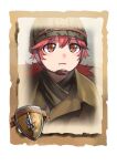  1girl bangs camouflage camouflage_helmet closed_mouth company_of_heroes fang hair_between_eyes hair_ornament hat helmet long_hair military military_hat military_jacket military_uniform orange_eyes original ponytail portrait red_hair solo uniform united_states_army world_war_ii zhainan_s-jun 