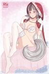  1girl animal_ears blush bra breasts commission commissioner_upload fire_emblem fire_emblem_fates gloves grey_hair highres large_breasts multicolored_hair on_bed r3dfive sitting sitting_on_bed solo tail thighs underwear velouria_(fire_emblem) white_bra white_gloves white_legwear wolf_girl wolf_tail 