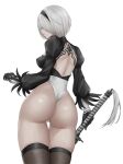  1girl ass bangs blindfold breasts closed_mouth commentary_request feather_trim from_behind gloves hair_ornament hairband highleg highleg_leotard highres holding holding_sword holding_weapon leotard lips long_sleeves medium_breasts mole mole_under_mouth nier_(series) nier_automata nyatokanyaru puffy_sleeves revision shiny shiny_skin short_hair simple_background solo sword thighhighs thighs weapon white_background white_hair yorha_no._2_type_b 