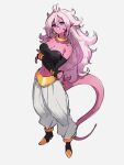  1girl android_21 arms_under_breasts baggy_pants bandeau bare_shoulders black_footwear black_gloves blue_eyes bracelet breasts collarbone colored_skin contrapposto crossed_arms dragon_ball dragon_ball_fighterz ear_piercing earrings elbow_gloves full_body gloves grey_background grin hoop_earrings jewelry kemachiku large_breasts legs_apart light_persona long_hair looking_at_viewer looking_up majin_android_21 midriff navel neck_ring pants piercing pink_skin shiny shiny_hair shiny_skin shoes simple_background smile solo spiked_hair standing strapless tail tubetop wavy_hair white_hair white_pants 