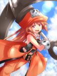  1girl :d anchor bangs belt belt_buckle blue_sky breasts brown_eyes brown_hair buckle cloud eyebrows_visible_through_hair fang guilty_gear guilty_gear_xrd hat holding holding_anchor kitayama_miuki looking_at_viewer may_(guilty_gear) open_mouth orange_headwear orange_legwear pirate_hat skull_and_crossbones sky small_breasts smile solo vest 