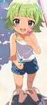  1girl :d ahoge bangs bare_shoulders blue_eyes blue_shorts blunt_bangs blurry blurry_foreground blush camisole candy child eyebrows_visible_through_hair food green_hair highres holding holding_candy holding_food holding_lollipop idolmaster idolmaster_million_live! idolmaster_million_live!_theater_days inuyama_nanami lollipop looking_at_viewer medium_hair open_mouth pov shimabara_elena short_shorts shorts smile solo_focus standing upper_teeth white_camisole wristband 