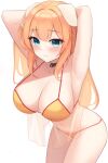  1girl absurdres animal_ears armpits arms_behind_head arms_up bare_arms bare_shoulders bikini black_choker blonde_hair blue_eyes breasts choker cleavage cowboy_shot dog_ears g_home halterneck highres large_breasts leaning_forward long_hair looking_at_viewer navel original see-through simple_background solo stomach string_bikini swimsuit thighs white_background yellow_bikini 