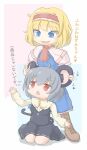  2girls alice_margatroid animal_ears bangs black_skirt black_vest blonde_hair blue_dress blue_eyes blush capelet commentary_request cookie_(touhou) dress ear_fondling eyebrows_visible_through_hair flying_sweatdrops full_body grey_hair hair_between_eyes hairband highres ichigo_(cookie) kitsune_kemono looking_at_another looking_down mouse_ears mouse_girl mouse_tail multiple_girls nazrin necktie nyon_(cookie) open_mouth red_eyes red_hairband red_neckwear shirt short_hair sitting skirt smile standing tail touhou translated vest white_capelet white_shirt 