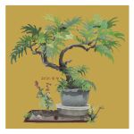  bonsai border commentary_request dated highres katakai no_humans original plant potted_plant white_border yellow_background 