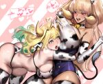  2girls absurdres ahoge animal_ears animal_print ass bangs bell bikini blonde_hair blush breasts colored_inner_hair cow_ears cow_girl cow_horns cow_print cow_tail cowbell dark_elven_forest_ranger drooling ear_tag elven_forest_maker eyebrows_visible_through_hair flower-shaped_pupils green_eyes green_hair heart_ahoge highres horns hug huge_breasts kidmo last_origin multicolored_hair multiple_girls neck_bell open_mouth purple_eyes saliva swimsuit tail tears thighhighs torn_clothes twintails two_side_up yuri 