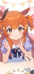  1girl :t animal_ears black_bow blush bow bowtie dot_nose ear_bow eating feeding fingernails fork hands_up highres holding holding_fork horse_ears inuyama_nanami long_sleeves looking_at_viewer mayano_top_gun_(umamusume) orange_eyes orange_hair plate pov pov_across_table pov_hands puffy_short_sleeves puffy_sleeves purple_bow purple_neckwear purple_shirt school_uniform shirt short_sleeves skirt smile sparkle sparkling_eyes tracen_school_uniform two_side_up umamusume 