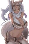  1girl animal_ears arm_behind_head armpits arms_up breasts brown_hair buchibussei cowboy_shot dark-skinned_female dark_skin elbow_gloves eyebrows_visible_through_hair facial_mark forehead_mark fur_collar gloves highres indian_wolf_(kemono_friends) kemono_friends large_breasts leaning_forward light_smile long_hair looking_at_viewer multicolored_hair navel outstretched_arm parted_lips purple_hair solo stomach stretch tail thighhighs white_hair wolf_ears wolf_girl wolf_tail yellow_eyes 