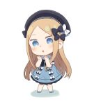  1girl :o abigail_williams_(fate) bangs beret black_bow black_headwear blonde_hair blue_bow blue_dress blue_eyes blue_footwear bow dress eyebrows_visible_through_hair fate/grand_order fate_(series) full_body hair_bow hands_up hat long_hair looking_at_viewer parted_bangs parted_lips shadow sleeveless sleeveless_dress solo standing totatokeke very_long_hair white_background white_bow 