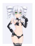 1girl bare_shoulders black_gloves black_legwear black_sister blush breasts cameltoe choujigen_game_neptune_mk2 covered_nipples cowboy_shot crop_top drill_hair elbow_gloves gloves green_eyes groin hair_between_eyes hand_on_hip hand_up highres hip_focus kazuneko_(wktk1024) looking_at_viewer medium_hair midriff navel neptune_(series) o-ring o-ring_top power_symbol revealing_clothes sideboob silver_hair sleeveless small_breasts smile solo symbol-shaped_pupils thighs twin_drills 
