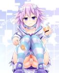  1girl anus choker d-pad d-pad_hair_ornament food hair_ornament highres naughty_face neptune_(neptune_series) neptune_(series) panties pudding purple_eyes purple_hair pussy sereneandsilent smile solo spoon squatting striped striped_legwear striped_panties thighhighs underwear 