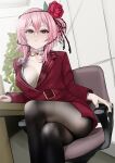  1girl absurdres alternate_costume black_legwear breasts bright_pupils chair choker cleavage collared_shirt crossed_legs flower grey_shirt hair_flower hair_ornament half-closed_eyes highres jacket looking_at_viewer medium_breasts nijisanji nijisanji_en office_chair office_lady pantyhose parted_lips pink_hair plant rain_prophet red_eyes red_flower red_jacket red_rose rose rosemi_lovelock shirt short_sidetail sitting solo spikes vines virtual_youtuber white_choker white_pupils 