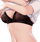  1girl bangs black_bra bra breasts brown_hair cleavage close-up commentary hands_up head_out_of_frame kamu_(geeenius) lace large_breasts medium_hair navel original shiny shiny_skin shirt short_sleeves simple_background solo stomach underwear undressing upper_body white_background white_shirt 