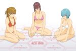  3girls ayanami_rei bangs barefoot bikini blue_eyes blue_hair breasts brown_hair cleavage glasses hairpods interface_headset makinami_mari_illustrious medium_breasts multiple_girls neon_genesis_evangelion orange_hair pink_bikini rebuild_of_evangelion red-framed_eyewear red_bikini red_hair seiza short_hair sidelocks sitting smile souryuu_asuka_langley swept_bangs swimsuit watanabe_yasuaki white_background white_bikini 