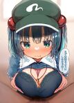  1boy 1girl absurdres aqua_eyes bangs black_bra blue_hair blue_shirt blush bra breast_hold breasts censored cleavage closed_mouth eyebrows_visible_through_hair flat_cap green_headwear hair_bobbles hair_ornament hat hetero highres kawashiro_nitori key large_breasts looking_at_viewer male_pubic_hair mamemochi mosaic_censoring one_side_up open_clothes open_shirt paizuri paizuri_under_clothes penis pov pubic_hair shirt short_hair short_sleeves smile solo_focus thought_bubble touhou translation_request underwear upper_body 