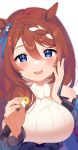 1girl :d blue_eyes blue_ribbon blush braid breasts fingernails hair_between_eyes hair_ribbon hand_on_own_cheek hand_on_own_face hand_up head_tilt highres holding holding_pacifier inuyama_nanami large_breasts long_hair looking_at_viewer open_mouth pacifier ribbed_sweater ribbon round_teeth simple_background smile solo super_creek_(umamusume) sweater teeth umamusume upper_body upper_teeth white_background white_sweater 