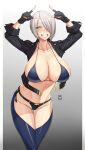  1girl ahoge angel_(kof) bikini blue_bikini breasts cleavage covered_nipples curvy grin hair_over_one_eye handplug highres huge_breasts kneeling looking_at_viewer navel purple_eyes short_hair silver_hair smile solo swimsuit the_king_of_fighters thick_thighs thighs 