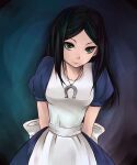  1girl alice:_madness_returns alice_(alice_in_wonderland) american_mcgee&#039;s_alice apron black_hair breasts closed_mouth dress green_eyes jewelry jupiter_symbol long_hair looking_at_viewer necklace puffy_sleeves short_sleeves simple_background smile solo yukiirokumokakusi 