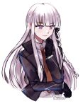  1girl artist_name bangs black_gloves black_jacket black_ribbon blunt_bangs braid collared_shirt commission danganronpa:_trigger_happy_havoc danganronpa_(series) english_commentary gloves hair_ribbon highres jacket kirigiri_kyouko long_hair long_sleeves looking_down necktie open_clothes open_jacket pomme_(lazzledazzle) purple_eyes ribbon second-party_source shirt side_braid silver_hair simple_background single_braid solo thinking upper_body white_background 