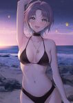  1girl ahoge ameyame asakura_tooru bangs bare_shoulders bikini blue_eyes blue_hair blush breasts brown_hair cleavage collarbone commentary gradient_hair highres idolmaster idolmaster_shiny_colors large_breasts looking_at_viewer multicolored_hair navel night open_mouth short_hair smile solo swimsuit 