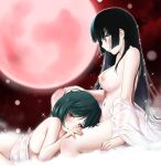  2girls black_hair blush breasts commentary_request enma_ai from_side full_moon hand_on_another&#039;s_head hand_on_another&#039;s_thigh hime_cut jigoku_shoujo kozue_akari lap_pillow long_hair medium_breasts moon multiple_girls navel nude parted_lips red_eyes red_moon sagae_michiru sitting sparkle yuri 
