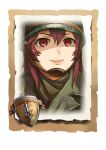  1girl bangs closed_mouth company_of_heroes hair_between_eyes hat helmet military military_hat military_uniform original portrait red_eyes red_hair smile solo uniform united_states_army v-shaped_eyebrows world_war_ii zhainan_s-jun 