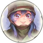  1girl bangs border brown_eyes closed_mouth company_of_heroes hair_between_eyes hat helmet long_hair lowres military military_hat military_jacket military_uniform original portrait purple_hair smile solo thick_eyebrows uniform united_states_army zhainan_s-jun 