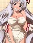  1girl apron apron_tug blush breasts cleavage collarbone commentary_request embarrassed eyebrows_visible_through_hair fujiwara_no_mokou grey_hair hair_ribbon large_breasts long_hair looking_at_viewer naked_apron red_eyes ribbon solo touhou tress_ribbon very_long_hair yadokari_genpachirou 