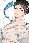  1boy akaashi_keiji bari_dal black_hair blue_eyes buttons collarbone eyebrows haikyuu!! head_tilt highres looking_at_viewer male_focus necktie necktie_removed open_clothes open_shirt pectorals petals shirt short_hair solo striped striped_neckwear upper_body white_shirt 