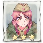  1girl :&lt; bangs closed_mouth company_of_heroes hair_between_eyes hat helmet lowres medium_hair military military_hat military_jacket military_uniform original pink_hair portrait solo soviet soviet_army star_(symbol) thick_eyebrows twintails uniform v-shaped_eyebrows world_war_ii yellow_eyes zhainan_s-jun 