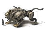  1other canopy ishiwata_makoto mecha mechanical_tail original science_fiction size_comparison sketch solo_focus standing tail yellow_eyes zoids 
