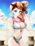  1girl aqua_bikini aqua_eyes beach bikini blue_bikini blue_eyes breasts closed_mouth cocktail_umbrella cup drink earrings english_commentary flower hair_flower hair_ornament heart heart_hair_ornament highres holding holding_cup holding_drink holding_eyewear jewelry large_breasts lei long_hair ocean orange_hair pokemon pokemon_(game) pokemon_swsh sand side_ponytail solo sonia_(pokemon) swimsuit tommy_(kingdukeee) water 