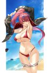  1girl armpits arms_up bangs bikini black_jacket blurry blurry_background breasts cleavage commentary day eyewear_on_head heart heart-shaped_eyewear heterochromia high_ponytail highres hololive houshou_marine jacket jewelry kakumayu large_breasts long_hair long_sleeves looking_at_viewer navel necklace ocean outdoors ponytail red_bikini red_eyes red_hair skindentation solo summer sunglasses swimsuit thigh_gap twintails virtual_youtuber yellow_eyes 