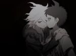  2boys ahoge bangs black_background closed_eyes commentary_request danganronpa_(series) danganronpa_2:_goodbye_despair denri from_side hair_between_eyes hands_on_another&#039;s_shoulder highres hinata_hajime hood jacket komaeda_nagito long_sleeves looking_at_another male_focus messy_hair multiple_boys open_clothes open_jacket profile shirt short_hair short_sleeves simple_background upper_body yaoi 