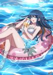  1girl artist_name bangs bare_arms bare_legs bikini blue_eyes breasts closed_mouth collarbone commission danganronpa:_trigger_happy_havoc danganronpa_(series) danganronpa_s:_ultimate_summer_camp drinking drinking_straw english_commentary eyebrows_visible_through_hair foot_out_of_frame frilled_bikini frills hair_ornament hairclip highres holding in_water innertube lewdkuma long_hair looking_at_viewer lying maizono_sayaka medium_breasts navel outdoors red_lips sandals second-party_source smile solo swimsuit water 