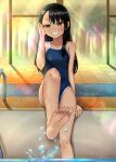  1girl :d adjusting_hair bangs barefoot commentary competition_swimsuit dusk evilust75 feet forest grin hair_ornament hairclip highres ijiranaide_nagatoro-san kicking looking_at_viewer nagatoro_hayase nature on_floor one-piece_swimsuit open_mouth pool poolside school_swimsuit sitting smile soles solo splashing swimsuit tan tile_floor tiles toes tree water 