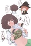  2girls ^^^ akiyama_yukari bangs black_coat black_neckwear blouse blush blush_stickers boko_(girls_und_panzer) bra brown_eyes brown_hair camouflage camouflage_bra closed_eyes clothes_lift coat commentary eyebrows_visible_through_hair female_pervert full-face_blush girls_und_panzer green_skirt halloween_costume hat hazuki_haru highres holding holding_wand lifted_by_self long_sleeves looking_at_another messy_hair miniskirt motion_lines multiple_girls navel neckerchief nishizumi_miho ooarai_school_uniform open_mouth pervert pleated_skirt redrawn sailor_collar saliva school_uniform serafuku shirt_lift short_hair simple_background skirt smile sports_bra standing translated underwear wand white_background white_sailor_collar witch_hat 