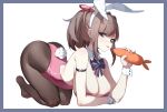  1girl absurdres all_fours alternate_costume animal_ears arm_strap ass black_legwear black_neckwear blue_eyes blush border bow bowtie breasts brown_hair carrot cleavage commentary detached_collar eyebrows_visible_through_hair fake_animal_ears fake_tail full_body hair_bow half_updo highres holding_carrot houkiboshi_(mmjw7432) large_breasts leotard looking_at_viewer medium_hair nijisanji pantyhose pink_bow pink_leotard playboy_bunny ponytail rabbit_ears rabbit_tail simple_background sleeveless smile solo strapless strapless_leotard striped striped_neckwear suzuhara_lulu tail tongue tongue_out virtual_youtuber white_background wing_collar wrist_cuffs 