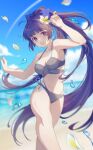  1girl :d absurdres ahoge armpits arms_up bangs beach bikini black_bikini blue_sky blunt_bangs bow breasts brown_hair cleavage cloud collarbone commentary condensation_trail day flower hair_bow hair_flower hair_ornament highres honkai_(series) honkai_impact_3rd horizon long_hair looking_at_viewer maoshinian1 medium_breasts mixed-language_commentary ocean open_mouth outdoors petals purple_eyes raiden_mei sideboob sky smile solo standing swimsuit very_long_hair water_drop 