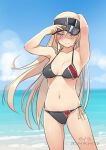  1girl bikini bismarck_(kancolle) blonde_hair blue_eyes breasts day grey_bikini halterneck kantai_collection long_hair medium_breasts navel nikuoji outdoors side-tie_bikini solo string_bikini swimsuit visor_cap 