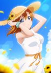  1girl bare_shoulders blue_eyes blue_sky breasts cloud commentary day dress flower hands_up hat highres kousaka_honoka looking_at_viewer love_live! love_live!_school_idol_project medium_breasts medium_hair orange_hair parted_lips scrunchie shiratama_(siratama_ll) sky sleeveless sleeveless_dress solo straw_hat striped striped_scrunchie sundress sunflower upper_body white_dress 