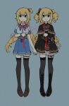  2girls akai_haato aqua_eyes bangs blonde_hair boots bow bowtie breasts cameo dark dress dual_persona empty_eyes expressionless eyebrows_visible_through_hair frilled_dress frills grey_background haaton_(akai_haato) hair_bow hair_ornament hair_ribbon hairclip heart heart_hair_ornament highres himuhino holding_hands hololive jewelry large_breasts long_hair looking_at_viewer multiple_girls ribbon simple_background smile string string_of_fate thigh_strap thighhighs virtual_youtuber zettai_ryouiki 