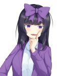  1girl bangs black_hair blush bow collared_shirt commentary_request cookie_(touhou) eyebrows_visible_through_hair finger_to_cheek hair_bow highres ikikiksgiksg jacket long_hair long_sleeves looking_at_viewer open_mouth purple_bow purple_eyes purple_jacket shirt shunga_youkyu simple_background smile solo star_sapphire touhou upper_body white_background white_shirt 