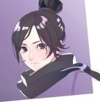  1girl animification apex_legends bangs black_eyes black_hair black_scarf expressionless hair_behind_ear hair_bun kumacco parted_bangs portrait purple_background scarf solo wraith_(apex_legends) 