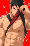  1boy abs absurdres bara black_hair black_tank_top blue_eyes clothes_lift dark-skinned_male dark_skin highres kon-el kuroshinki large_pectorals lifted_by_self male_focus muscular muscular_male navel nipples pectorals red_background shirt_lift short_hair simple_background solo superboy sweat tank_top veins young_justice 