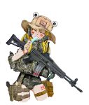  1girl alternate_costume ass_visible_through_thighs assault_rifle bandaid bandaid_on_cheek blonde_hair camouflage closed_eyes cropped_legs daewoo_k2 digital_camouflage facepaint food foregrip gun handgun holster korean_text long_hair moriya_suwako nakamura_3sou one-piece_swimsuit pistol popsicle pyonta rifle smile solo swimsuit thigh_holster thighs touhou weapon weapon_request white_background 